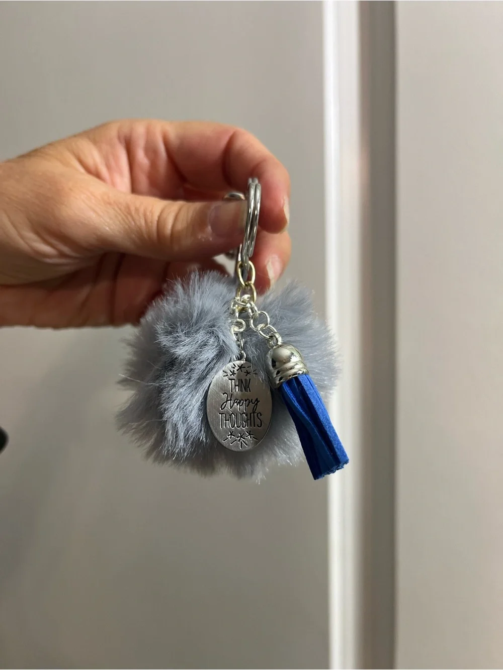 Gray Faux Fur Pom Keychain with Blue Tassel